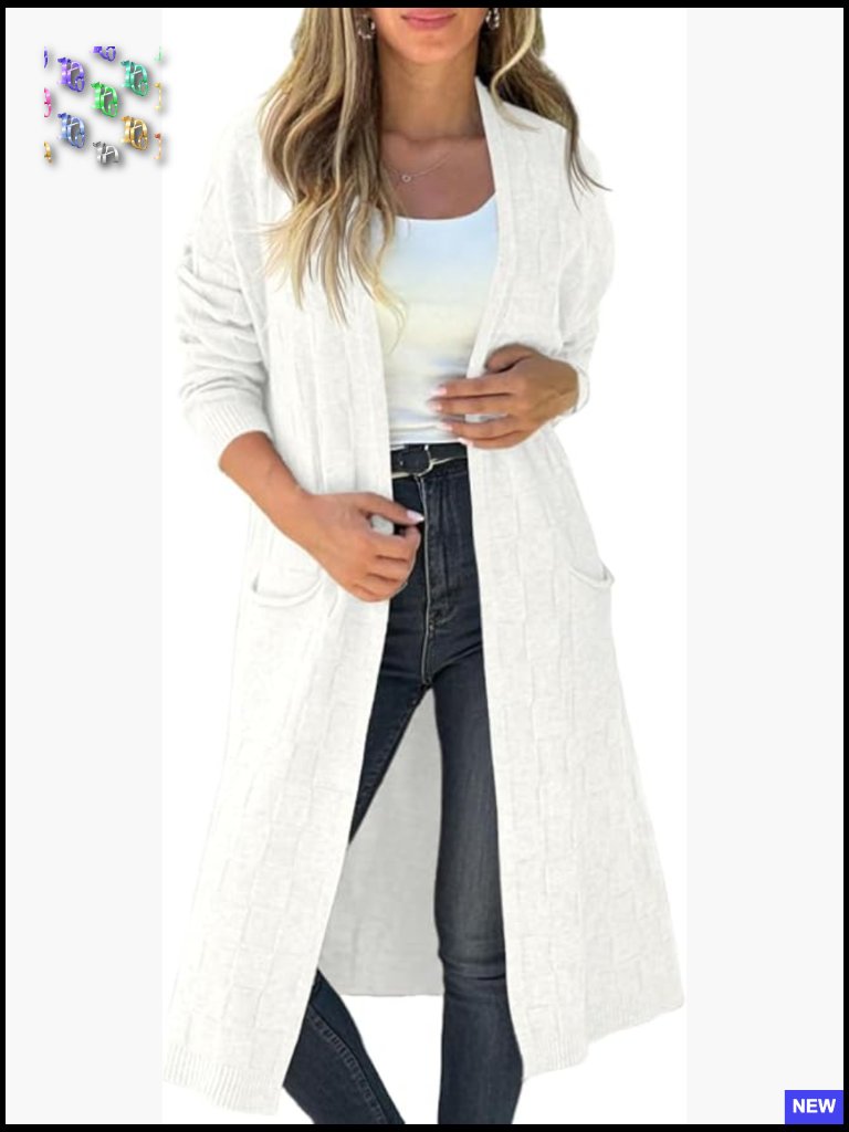 Oversized Open Front Checkered Knit Long Cardigan Sweater With Pockets